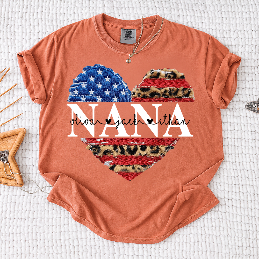 Comfort Colors® Personalized Nana Patriotic Heart Shirt with Grandkids Names, Custom Family Nickname Tee, American Flag Leopard Print, 4th of July Outfit Gift For Mother's Day Birthday
