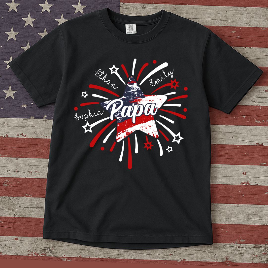 Personalized 4th of July Papa Shirt, Custom Grandpa And Grandkids Star Firework American Flag