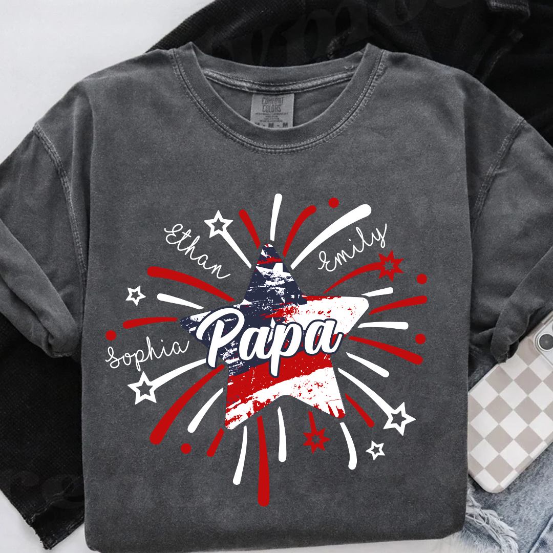 Personalized 4th of July Papa Shirt, Custom Grandpa And Grandkids Star Firework American Flag